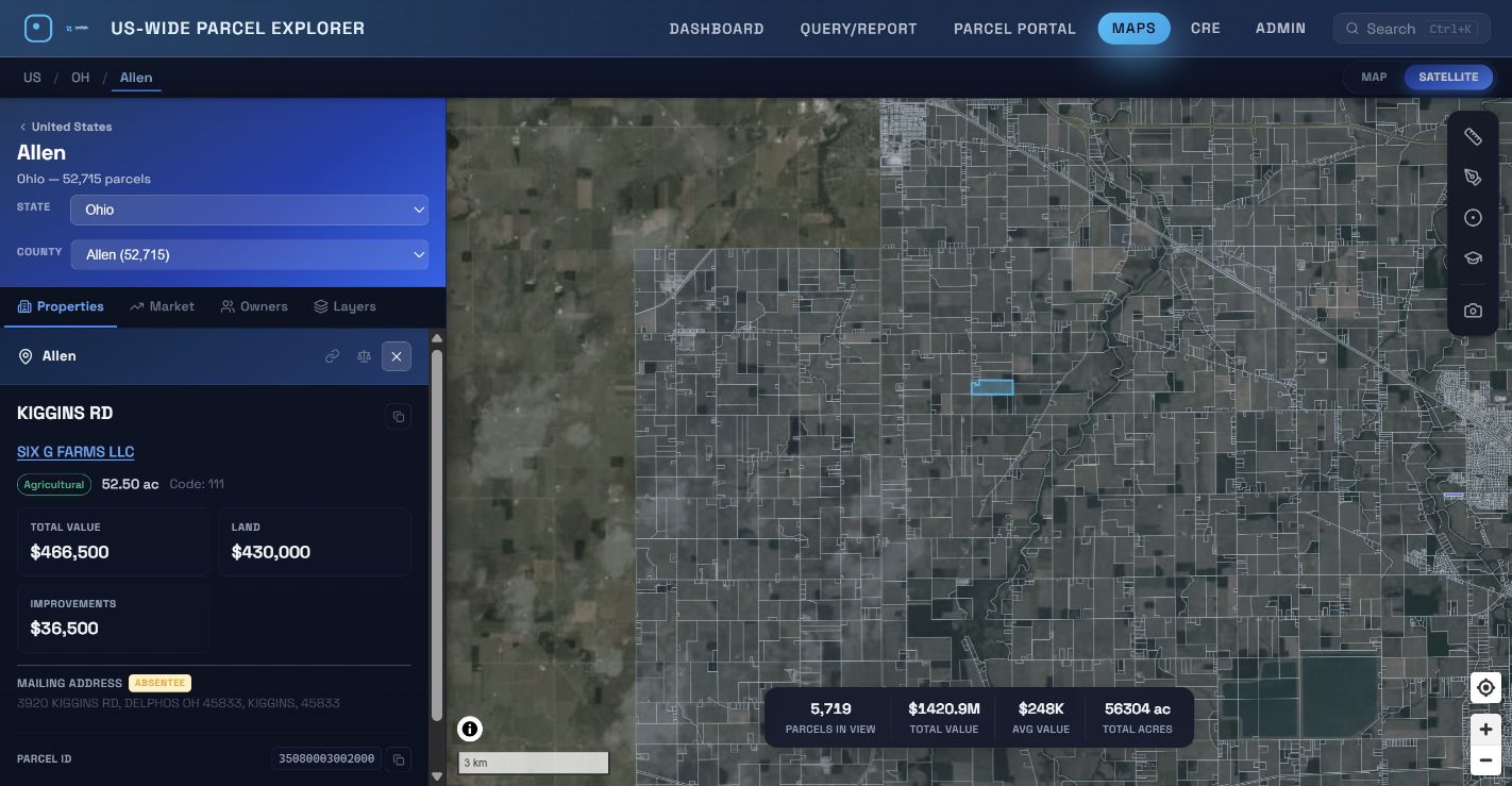 ParcelMetric satellite map with parcel boundaries and an Allen County property panel showing ownership, acreage and assessed values